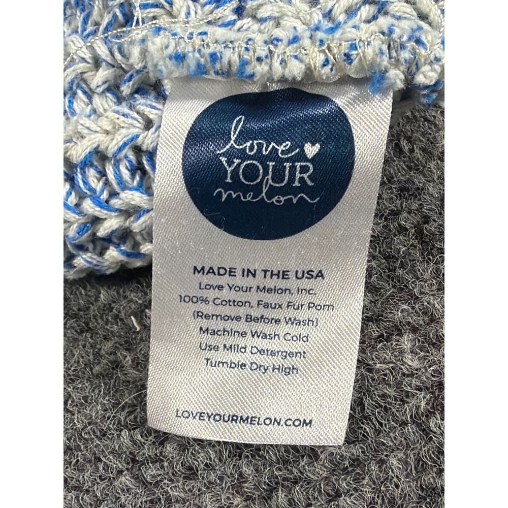 Love Your Melon Blue White Marled Knit Beanie Leather Patch Cotton Hat USA - Picture 4 of 5